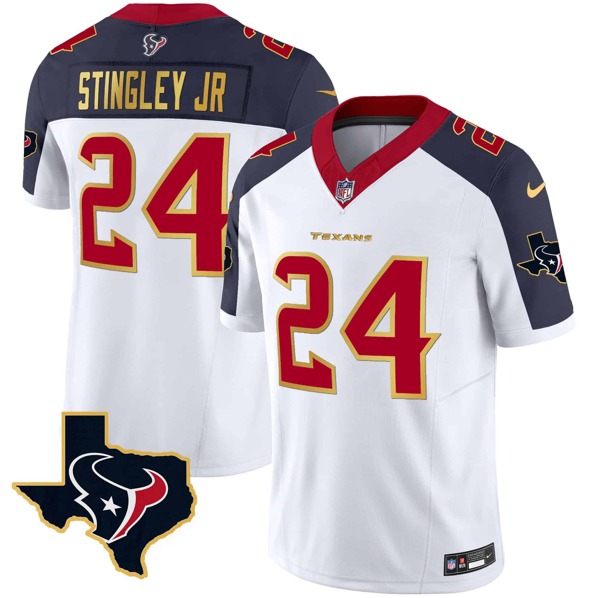 Men Houston Texans #24 Stingley jr White Gold 2024 Nike Trim Vapor NFL Jersey style 2